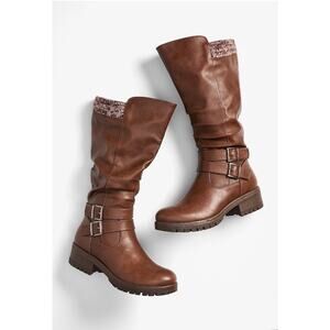 NWT Maurices Winter Boots 8M Veronica Brown Faux Leather Mid Sweater Cuff